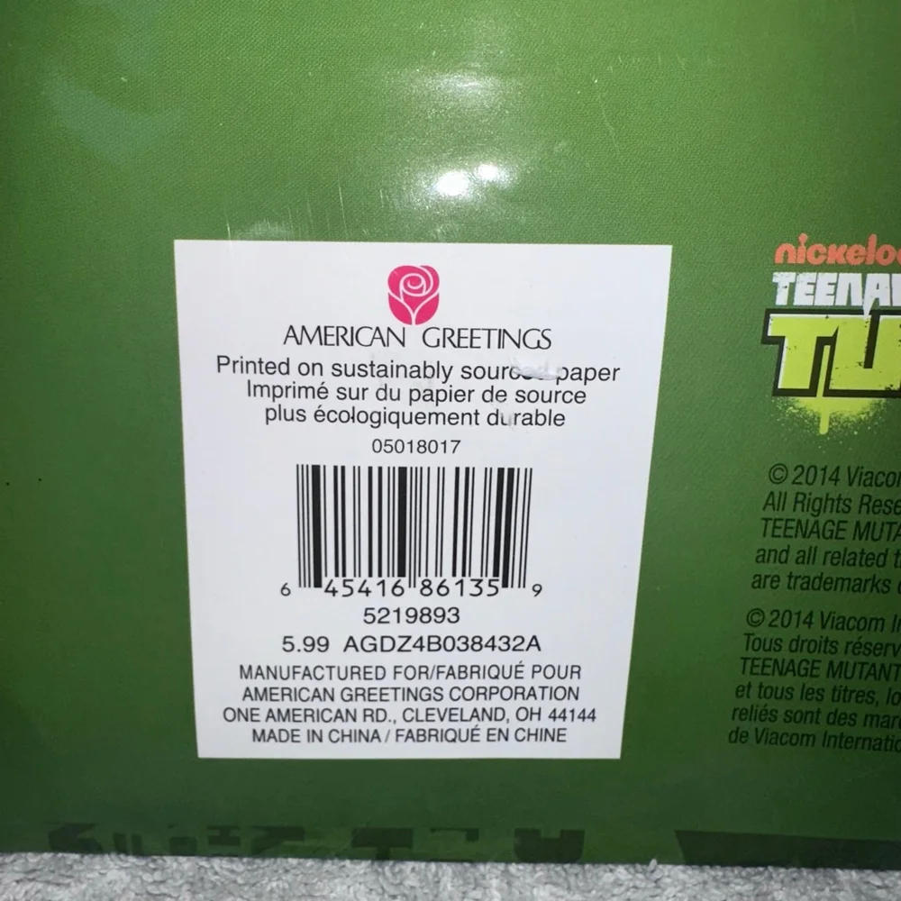 NOS 2014 American Greetings Teenage Mutant Ninja Turtles Oversized Gift Bag
